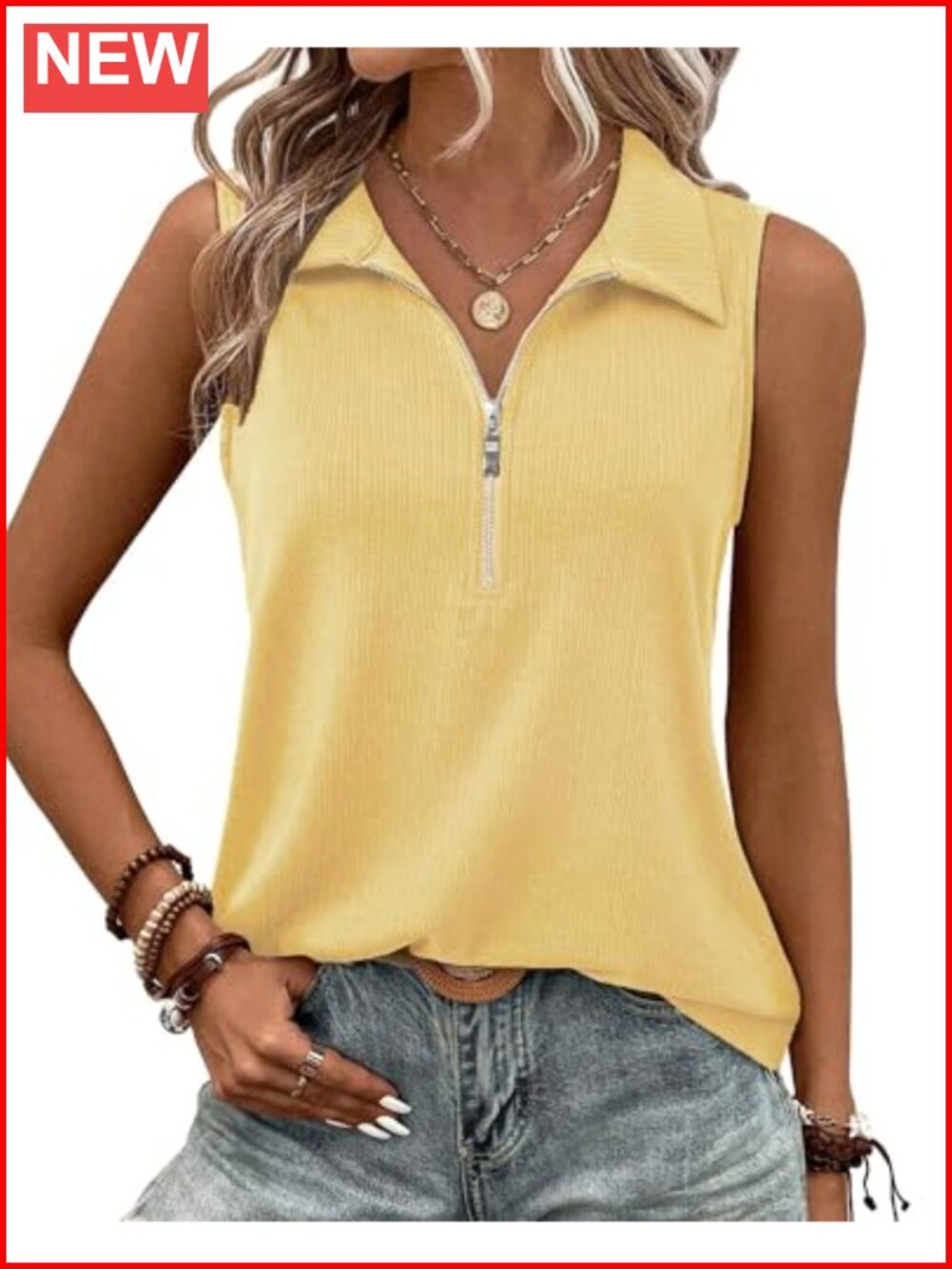 Ribbed Knit Tank Top Half Zip V Neck Sleeveless Work Blouse